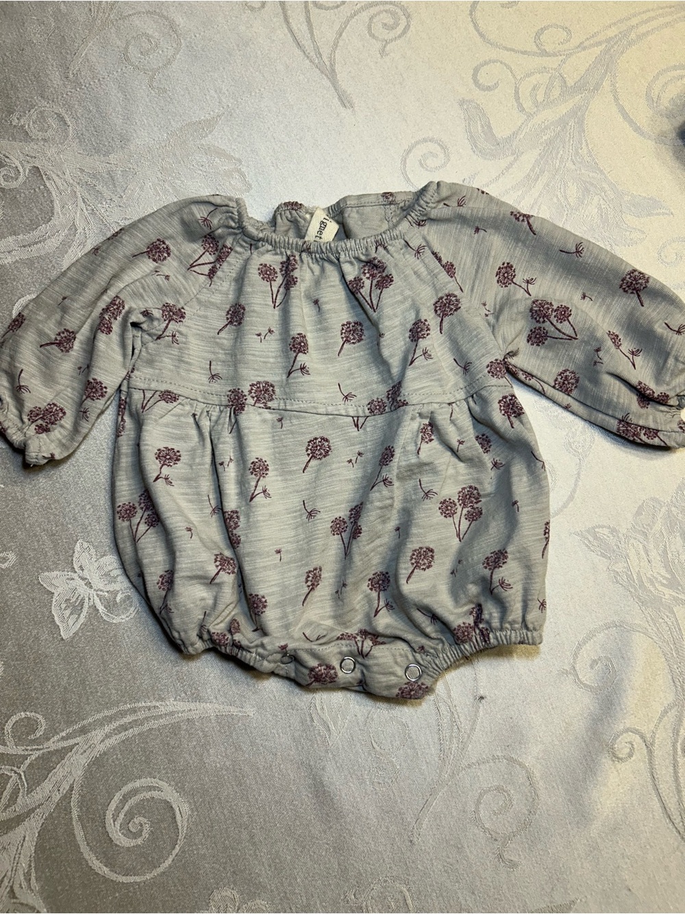 Long-Sleeve Floral Bubble Romper - Light Gray with Purple Flowers
